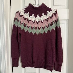 L.L. Bean Burgundy and Pink Patterned Turtleneck Sweater